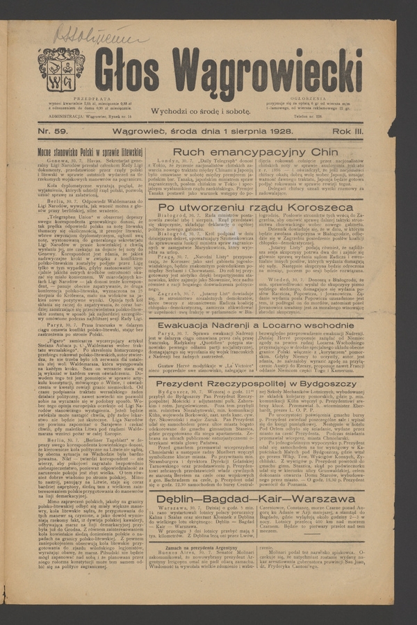Głos Wągrowiecki. Rok&nbsp;3, 1928, numer&nbsp;59