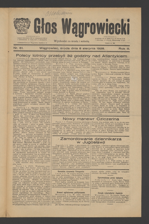 Głos Wągrowiecki. Rok&nbsp;3, 1928, numer&nbsp;61