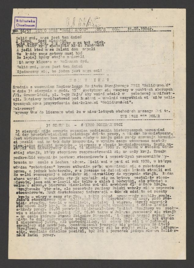 U Nas&nbsp;: pismo NSZZ &bdquo;Solidarność&rdquo; Polar.&nbsp;1984, numer&nbsp;56-57