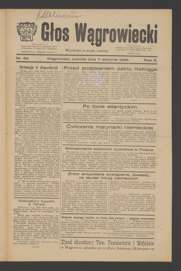 Głos Wągrowiecki. Rok&nbsp;3, 1928, numer&nbsp;62