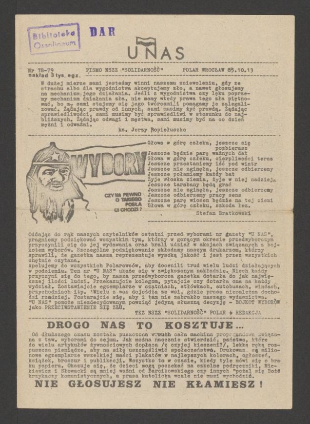 U Nas&nbsp;: pismo NSZZ &bdquo;Solidarność&rdquo; Polar.&nbsp;1985, numer&nbsp;78-79