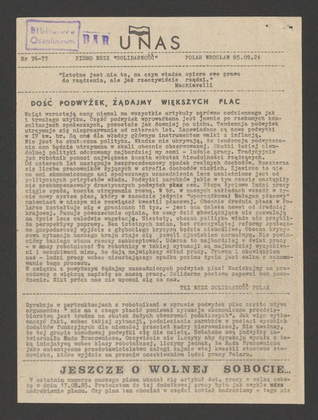 U Nas&nbsp;: pismo NSZZ &bdquo;Solidarność&rdquo; Polar.&nbsp;1985, numer&nbsp;76-77