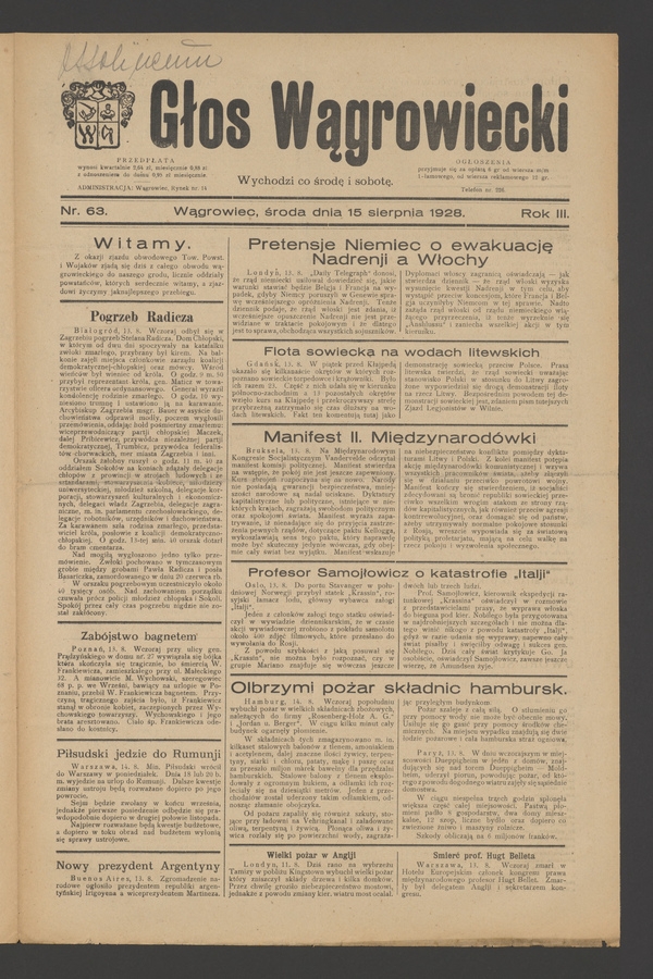 Głos Wągrowiecki. Rok&nbsp;3, 1928, numer&nbsp;63