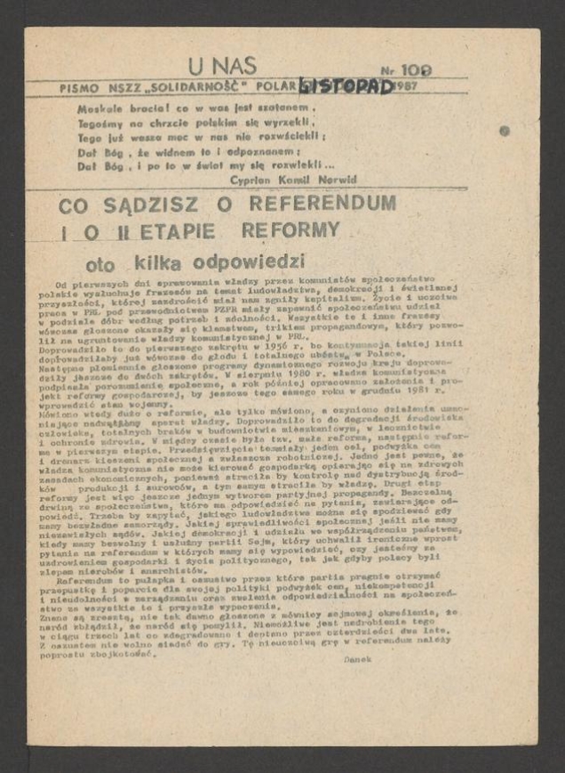 U Nas&nbsp;: pismo NSZZ &bdquo;Solidarność&rdquo; Polar.&nbsp;1987, numer&nbsp;109