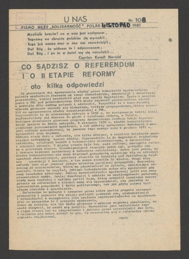 U Nas&nbsp;: pismo NSZZ &bdquo;Solidarność&rdquo; Polar.&nbsp;1987, numer&nbsp;108