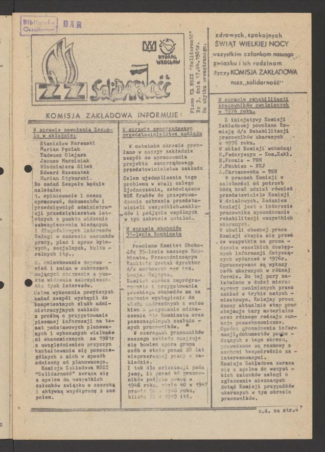NSZZ &bdquo;Solidarność" PZL Hydral Wrocław&nbsp;: pismo KZ NSZZ &bdquo;Solidarność&rdquo;. 1981, numer&nbsp;3