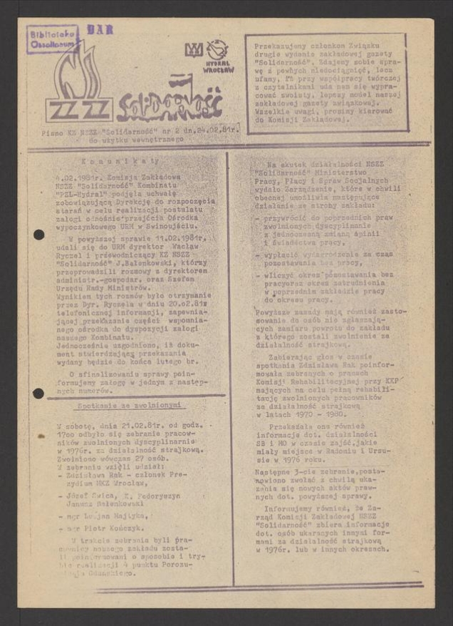 NSZZ &bdquo;Solidarność" PZL Hydral Wrocław&nbsp;: pismo KZ NSZZ &bdquo;Solidarność&rdquo;. 1981, numer&nbsp;2