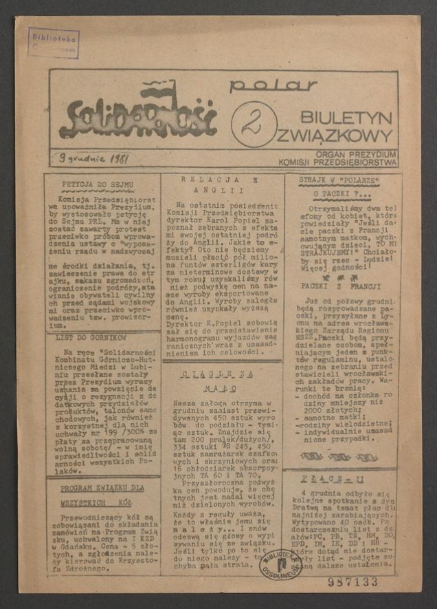 Biuletyn Związkowy &bdquo;Solidarność&rdquo; POLAR&nbsp;: organ Prezydium Komisji Przedsiębiorstwa. 1981, numer&nbsp;2