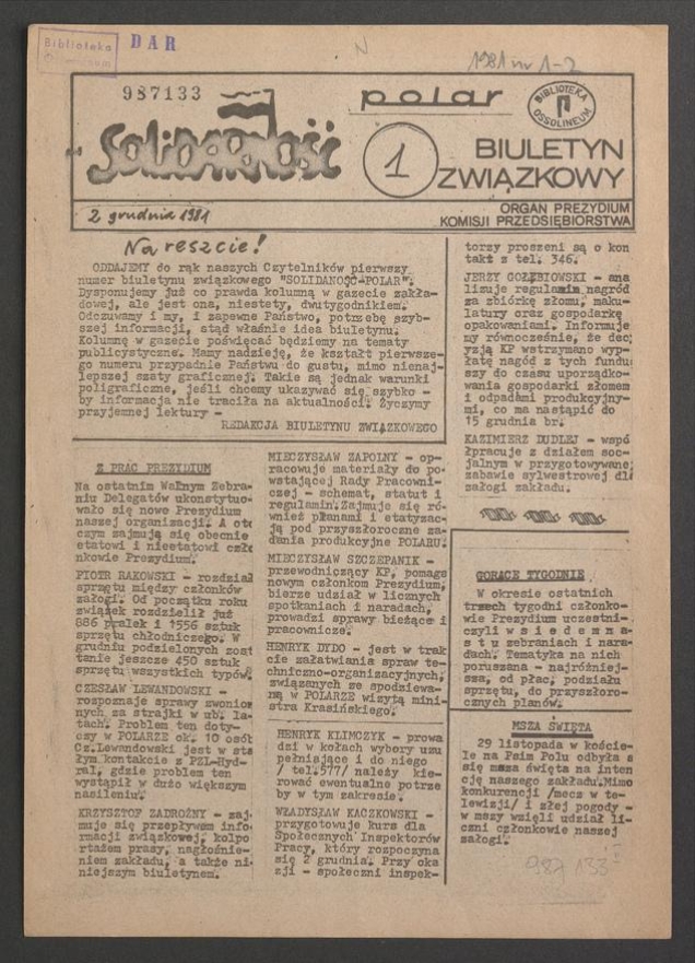 Biuletyn Związkowy &bdquo;Solidarność&rdquo; POLAR&nbsp;: organ Prezydium Komisji Przedsiębiorstwa. 1981, numer&nbsp;1