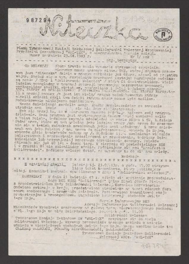 Niteczka&nbsp;: pismo TKZ &bdquo;Solidarności Walczącej&rdquo; Wrocławskiej Przędzalni Czesankowej &bdquo;WEL-TEX&rdquo; o nieregularnym okresie emisji. 1983, numer&nbsp;1