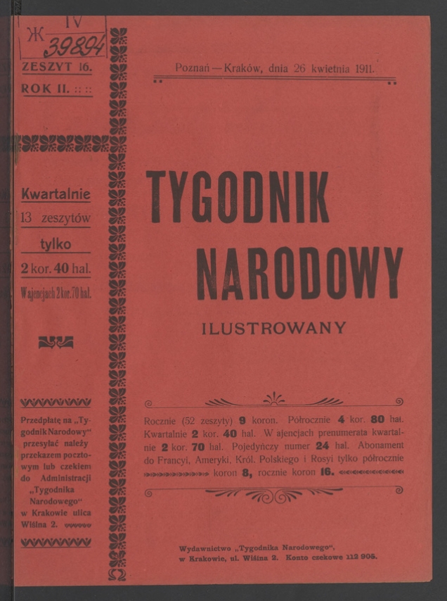 Tygodnik Narodowy Ilustrowany. Rok&nbsp;2, 1911, numer&nbsp;16