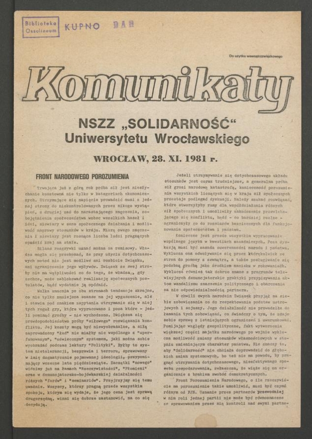 Komunikaty NSZZ &bdquo;Solidarność&rdquo; Uniwersytetu Wrocławskiego. 1981, numer&nbsp;47
