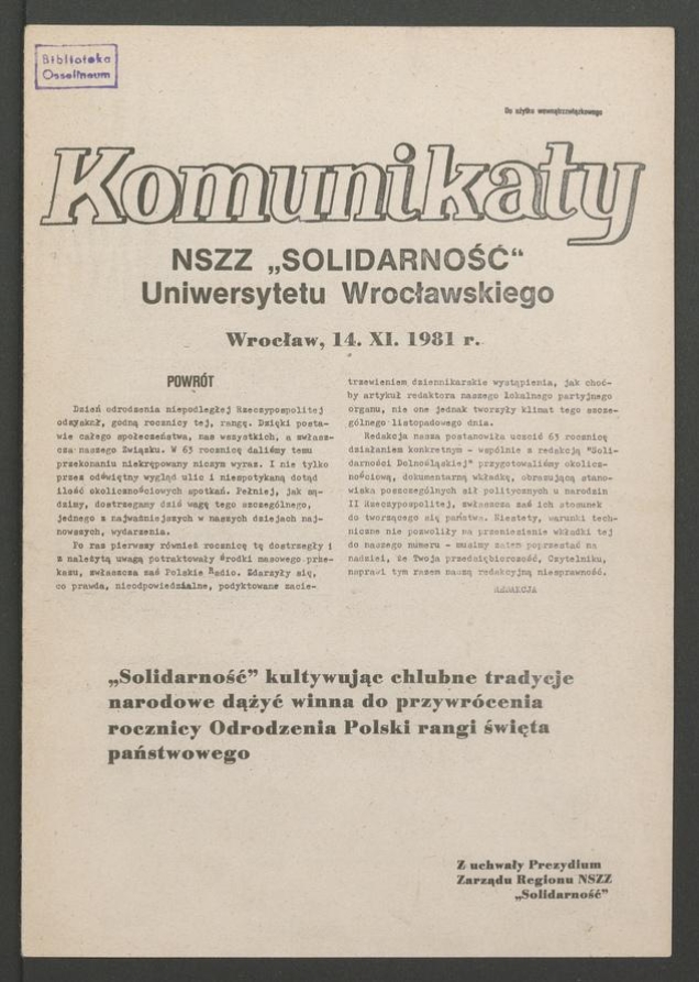 Komunikaty NSZZ &bdquo;Solidarność&rdquo; Uniwersytetu Wrocławskiego. 1981, numer&nbsp;46