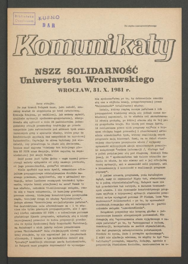 Komunikaty NSZZ &bdquo;Solidarność&rdquo; Uniwersytetu Wrocławskiego. 1981, numer&nbsp;45