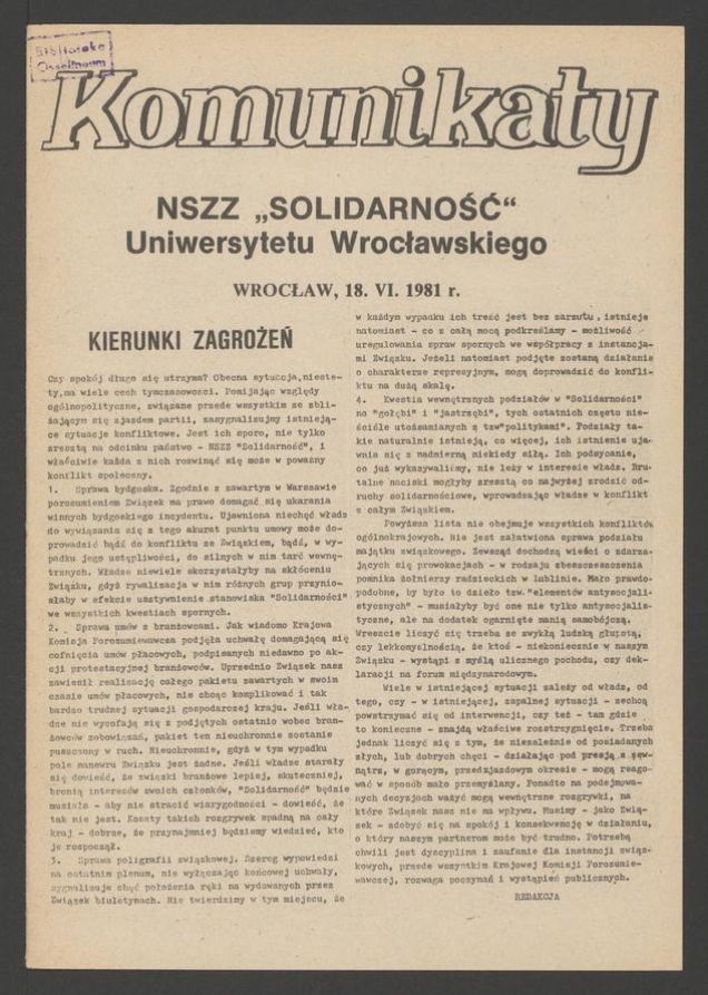 Komunikaty NSZZ &bdquo;Solidarność&rdquo; Uniwersytetu Wrocławskiego. 1981, numer&nbsp;40