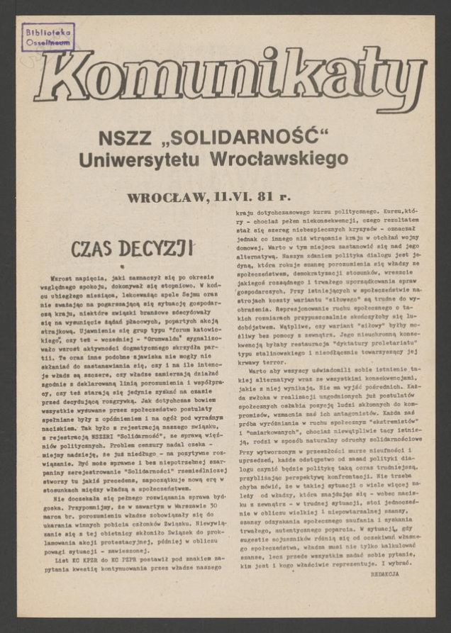 Komunikaty NSZZ &bdquo;Solidarność&rdquo; Uniwersytetu Wrocławskiego. 1981, numer&nbsp;39