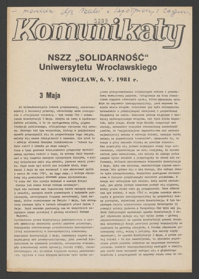 Komunikaty NSZZ &bdquo;Solidarność&rdquo; Uniwersytetu Wrocławskiego. 1981, numer&nbsp;34