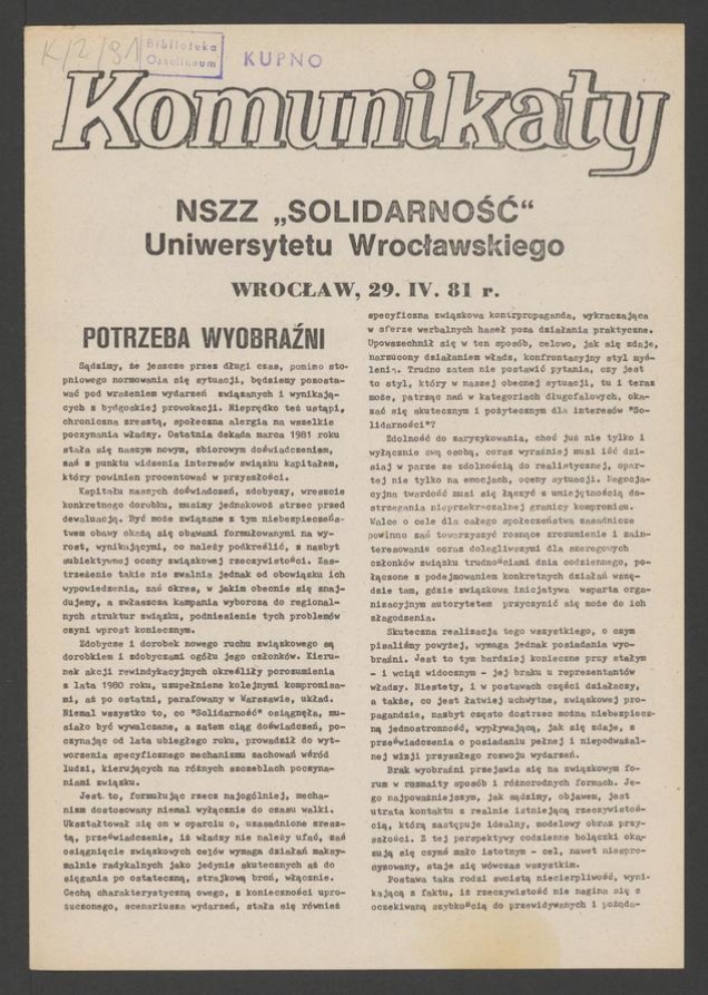 Komunikaty NSZZ &bdquo;Solidarność&rdquo; Uniwersytetu Wrocławskiego. 1981, numer&nbsp;33