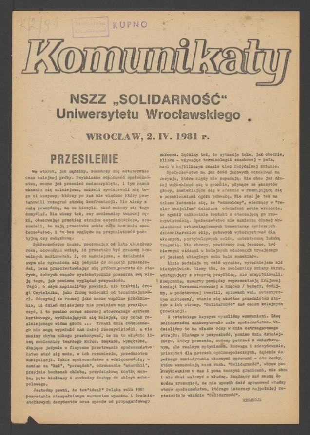 Komunikaty NSZZ &bdquo;Solidarność&rdquo; Uniwersytetu Wrocławskiego. 1981, numer&nbsp;30