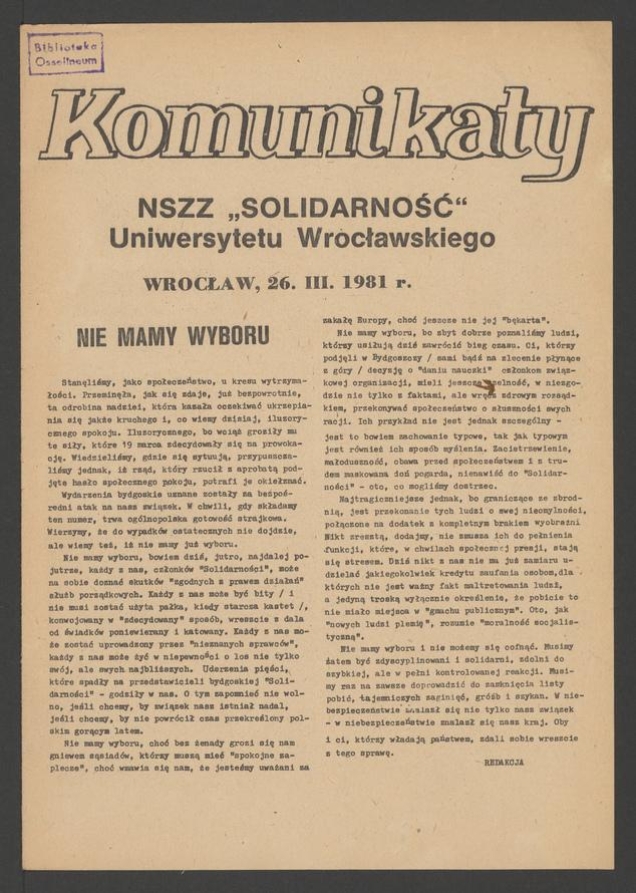 Komunikaty NSZZ &bdquo;Solidarność&rdquo; Uniwersytetu Wrocławskiego. 1981, numer&nbsp;29