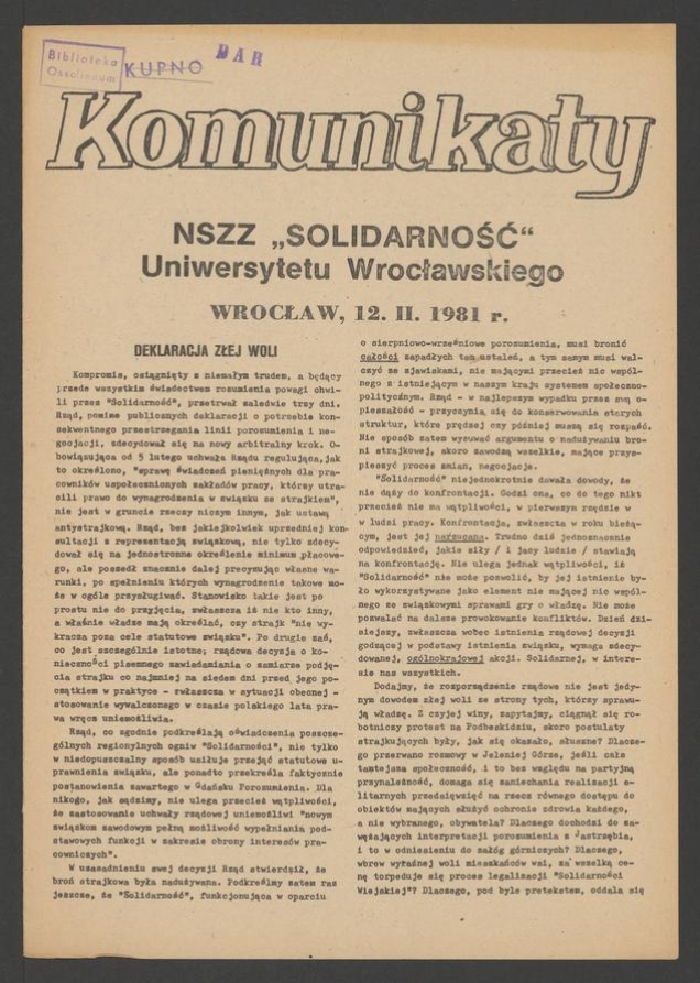 Komunikaty NSZZ &bdquo;Solidarność&rdquo; Uniwersytetu Wrocławskiego. 1981, numer&nbsp;23