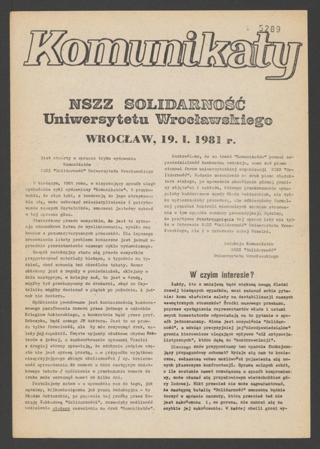 Komunikaty NSZZ &bdquo;Solidarność&rdquo; Uniwersytetu Wrocławskiego. 1981, numer&nbsp;20