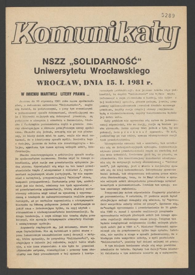 Komunikaty NSZZ &bdquo;Solidarność&rdquo; Uniwersytetu Wrocławskiego. 1981, numer&nbsp;19
