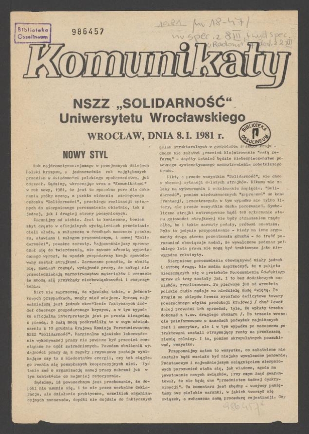 Komunikaty NSZZ &bdquo;Solidarność&rdquo; Uniwersytetu Wrocławskiego. 1981, numer&nbsp;18