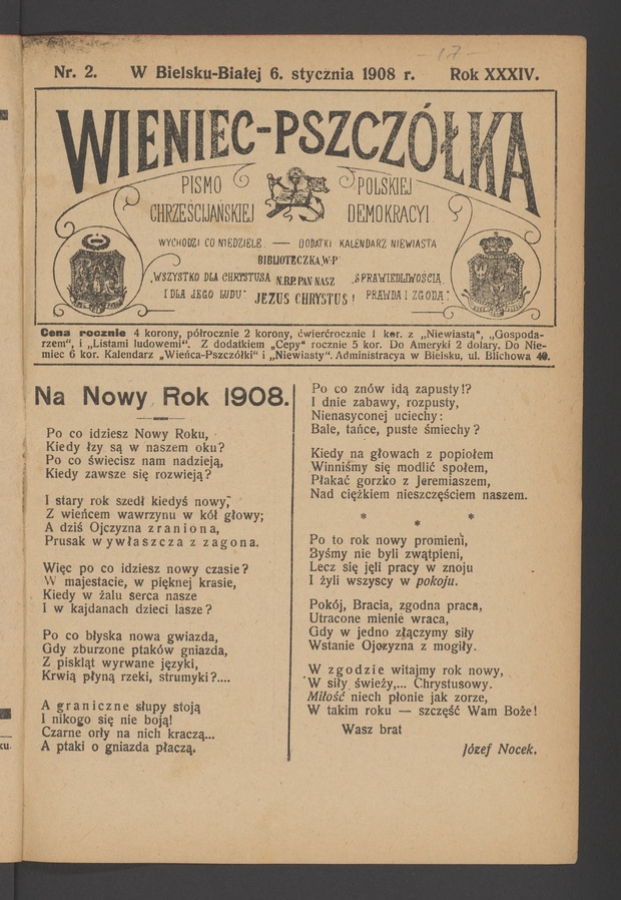 Wieniec-Pszcz&oacute;łka&nbsp;: pismo polskiej chrześcijańskiej demokracyi. Rok&nbsp;34, 1908, numer&nbsp;2