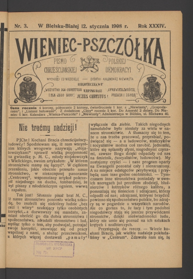Wieniec-Pszcz&oacute;łka&nbsp;: pismo polskiej chrześcijańskiej demokracyi. Rok&nbsp;34, 1908, numer&nbsp;3