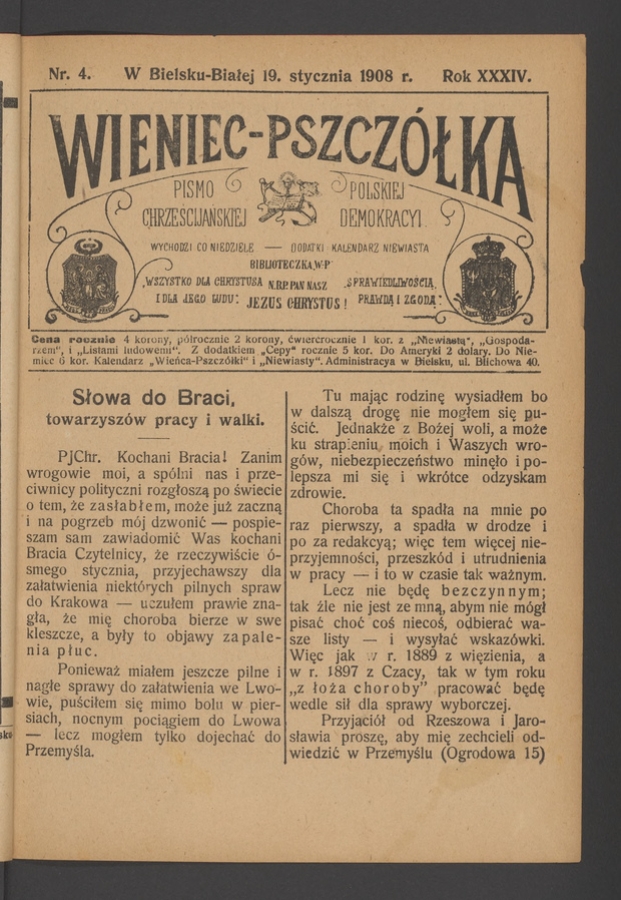 Wieniec-Pszcz&oacute;łka&nbsp;: pismo polskiej chrześcijańskiej demokracyi. Rok&nbsp;34, 1908, numer&nbsp;4
