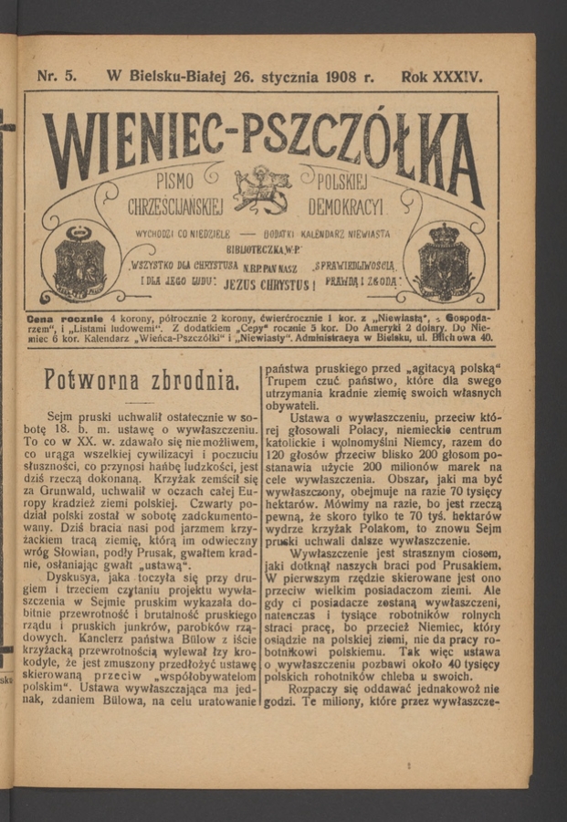 Wieniec-Pszcz&oacute;łka&nbsp;: pismo polskiej chrześcijańskiej demokracyi. Rok&nbsp;34, 1908, numer&nbsp;5