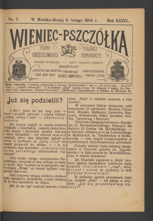 Wieniec-Pszcz&oacute;łka&nbsp;: pismo polskiej chrześcijańskiej demokracyi. Rok&nbsp;34, 1908, numer&nbsp;7