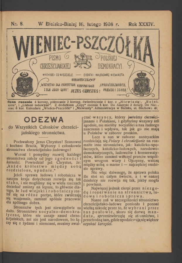 Wieniec-Pszcz&oacute;łka&nbsp;: pismo polskiej chrześcijańskiej demokracyi. Rok&nbsp;34, 1908, numer&nbsp;8