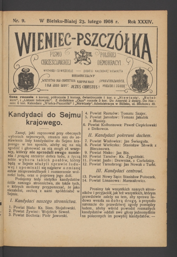 Wieniec-Pszcz&oacute;łka&nbsp;: pismo polskiej chrześcijańskiej demokracyi. Rok&nbsp;34, 1908, numer&nbsp;9