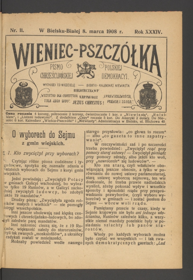 Wieniec-Pszcz&oacute;łka&nbsp;: pismo polskiej chrześcijańskiej demokracyi. Rok&nbsp;34, 1908, numer&nbsp;11