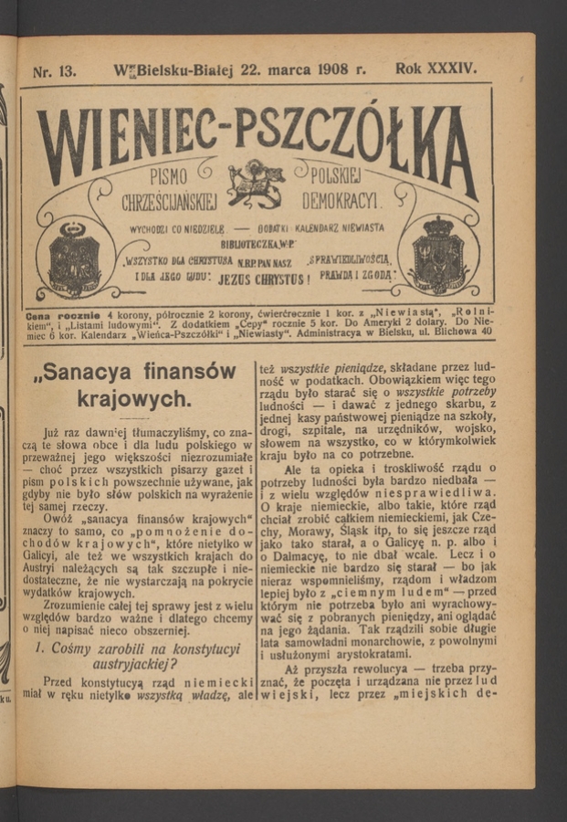 Wieniec-Pszcz&oacute;łka&nbsp;: pismo polskiej chrześcijańskiej demokracyi. Rok&nbsp;34, 1908, numer&nbsp;13