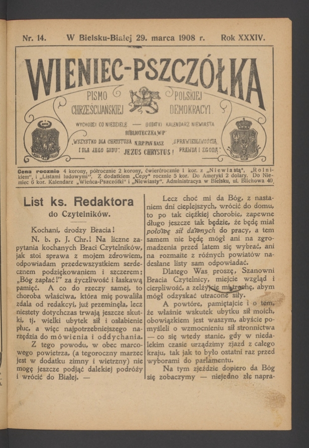 Wieniec-Pszcz&oacute;łka&nbsp;: pismo polskiej chrześcijańskiej demokracyi. Rok&nbsp;34, 1908, numer&nbsp;14