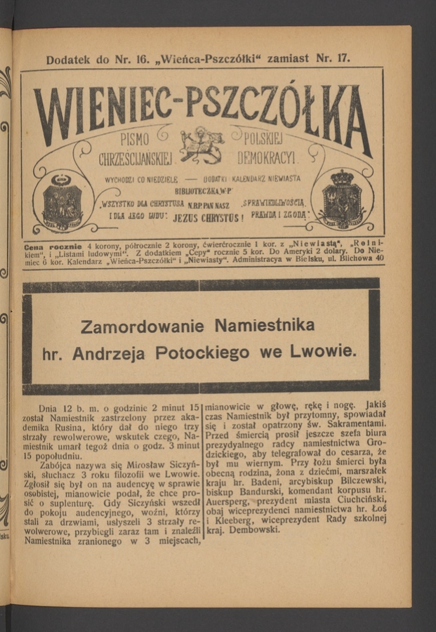 Dodatek do&nbsp;numeru&nbsp;16 &bdquo;Wieńca-Pszcz&oacute;łki&rdquo; zamiast numeru&nbsp;17. Rok&nbsp;34, 1908