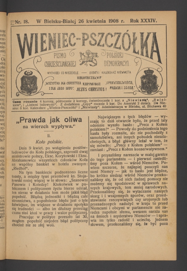 Wieniec-Pszcz&oacute;łka&nbsp;: pismo polskiej chrześcijańskiej demokracyi. Rok&nbsp;34, 1908, numer&nbsp;18