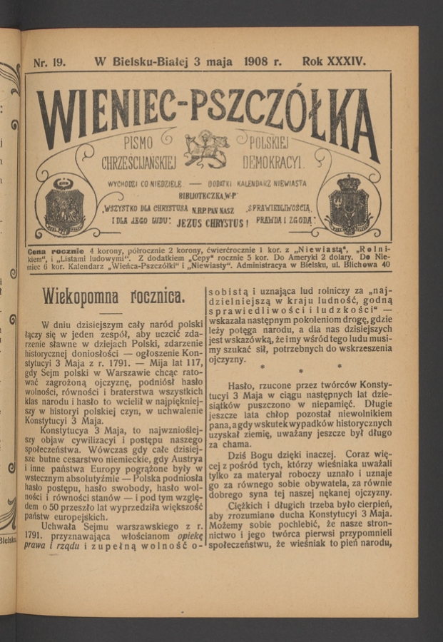 Wieniec-Pszcz&oacute;łka&nbsp;: pismo polskiej chrześcijańskiej demokracyi. Rok&nbsp;34, 1908, numer&nbsp;19