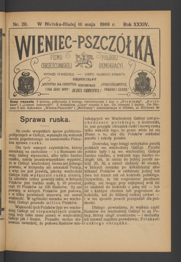 Wieniec-Pszcz&oacute;łka&nbsp;: pismo polskiej chrześcijańskiej demokracyi. Rok&nbsp;34, 1908, numer&nbsp;20