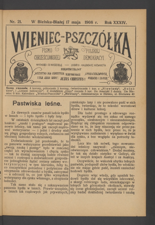 Wieniec-Pszcz&oacute;łka&nbsp;: pismo polskiej chrześcijańskiej demokracyi. Rok&nbsp;34, 1908, numer&nbsp;21