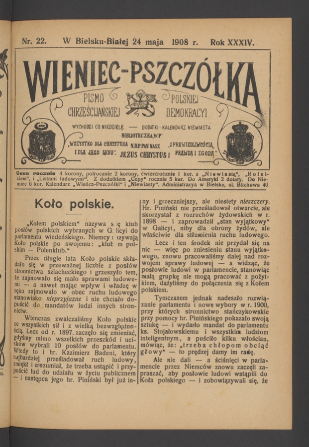 Wieniec-Pszcz&oacute;łka&nbsp;: pismo polskiej chrześcijańskiej demokracyi. Rok&nbsp;34, 1908, numer&nbsp;22