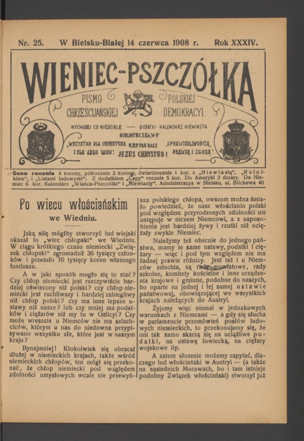 Wieniec-Pszcz&oacute;łka&nbsp;: pismo polskiej chrześcijańskiej demokracyi. Rok&nbsp;34, 1908, numer&nbsp;25