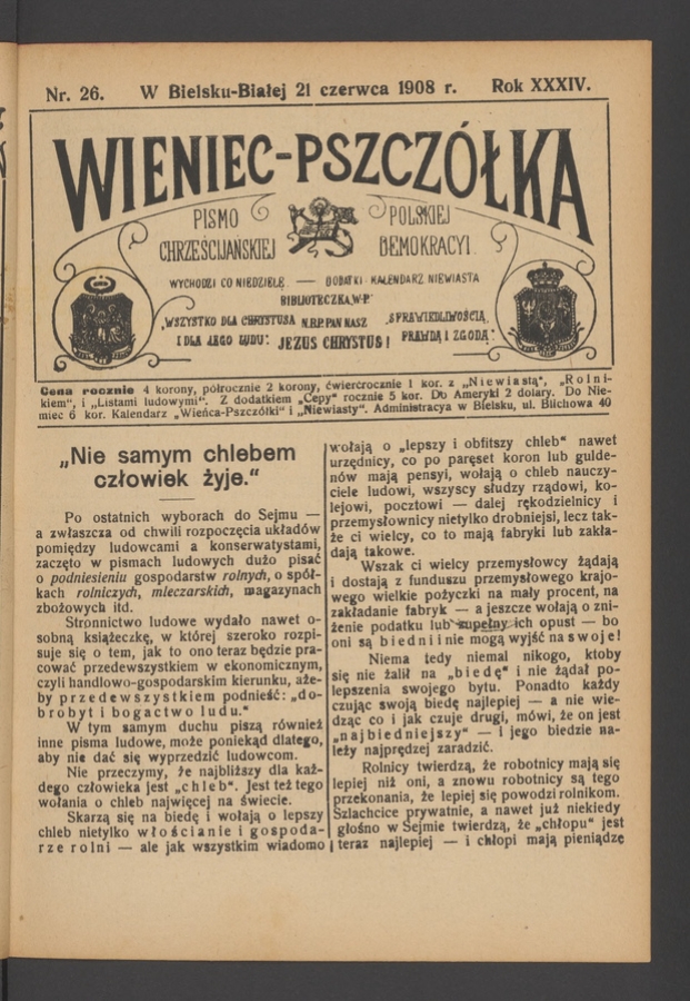 Wieniec-Pszcz&oacute;łka&nbsp;: pismo polskiej chrześcijańskiej demokracyi. Rok&nbsp;34, 1908, numer&nbsp;26