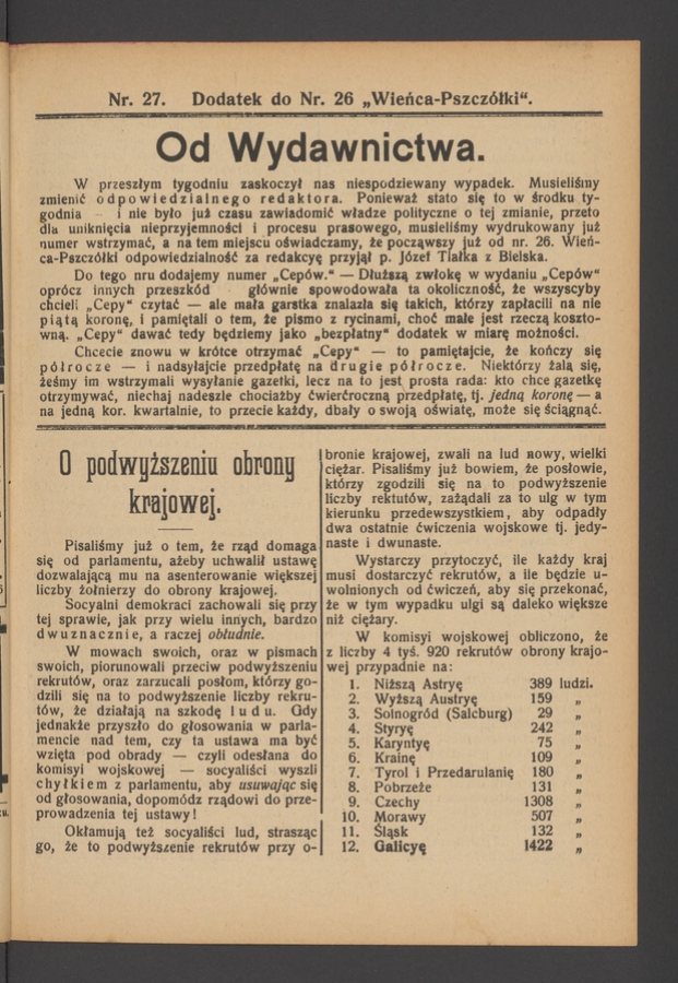 Wieniec-Pszcz&oacute;łka&nbsp;: pismo polskiej chrześcijańskiej demokracyi. Rok&nbsp;34, 1908, numer&nbsp;27