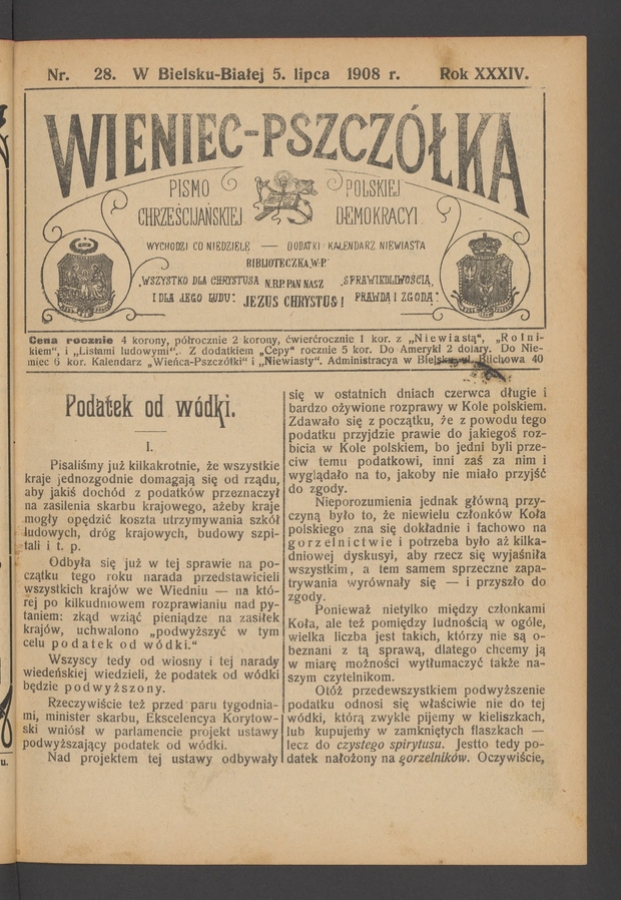 Wieniec-Pszcz&oacute;łka&nbsp;: pismo polskiej chrześcijańskiej demokracyi. Rok&nbsp;34, 1908, numer&nbsp;28
