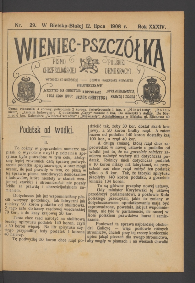 Wieniec-Pszcz&oacute;łka&nbsp;: pismo polskiej chrześcijańskiej demokracyi. Rok&nbsp;34, 1908, numer&nbsp;29