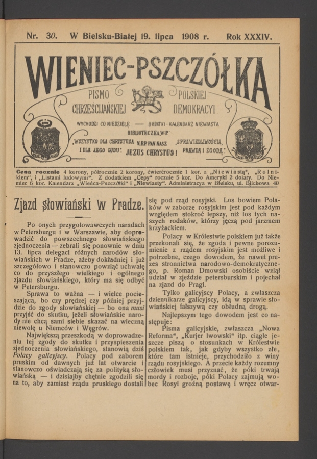 Wieniec-Pszcz&oacute;łka&nbsp;: pismo polskiej chrześcijańskiej demokracyi. Rok&nbsp;34, 1908, numer&nbsp;30